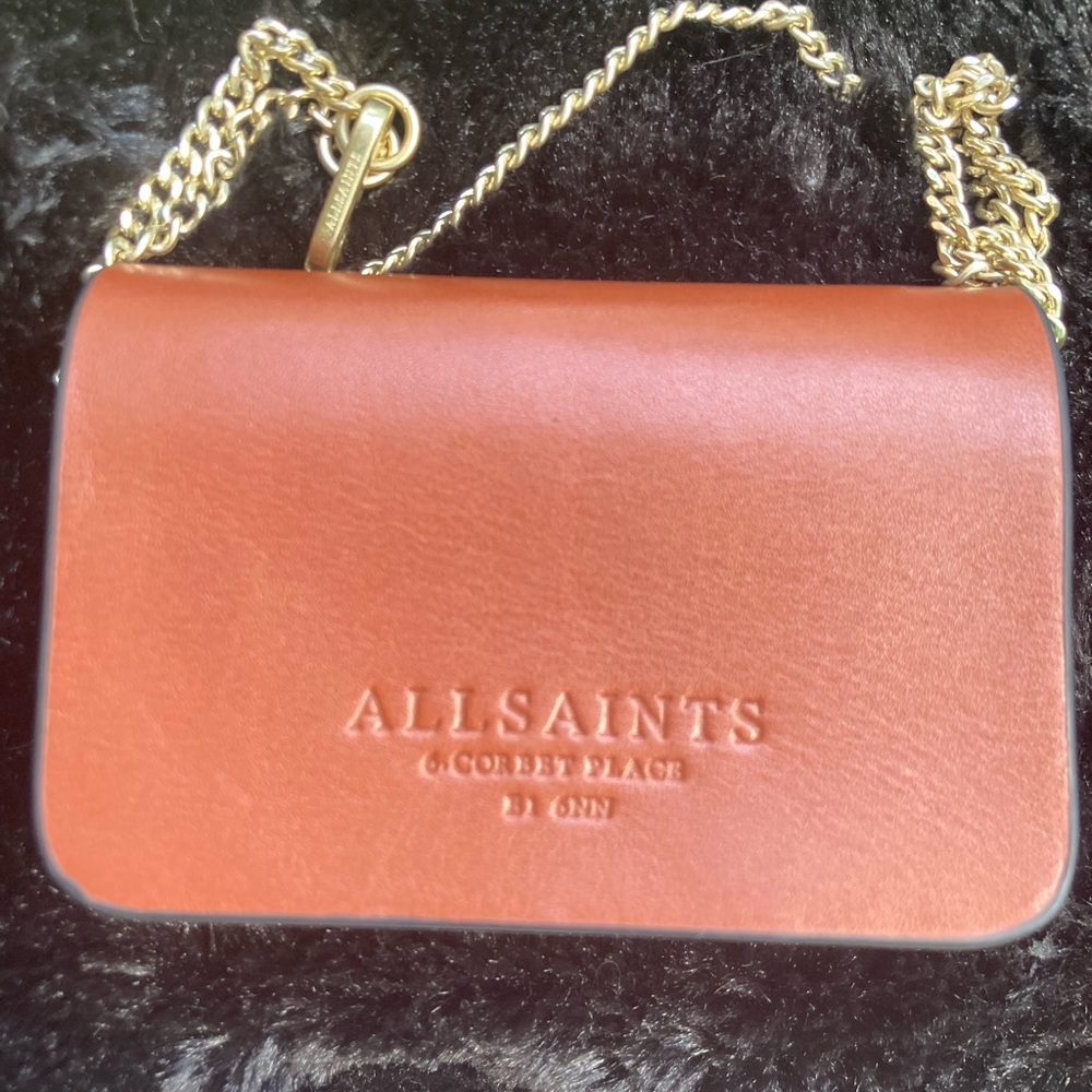 All Saints Tan Leather Crossbody/cardholder with Gold Chain